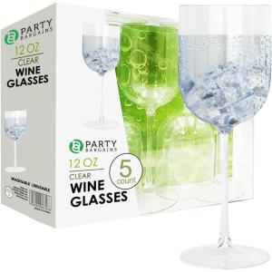 PARTY BARGAINS 12 oz Disposable Plastic Wine Goblets, Shatter-Resistant BPA-Free Stemmed Wine Cups for Weddings, Events & Outdoor Entertaining, Black, 5 Pack(Clear)