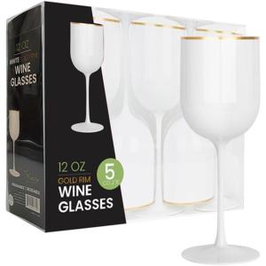 PARTY BARGAINS 12 oz Disposable Plastic Wine Goblets, Shatter-Resistant BPA-Free Stemmed Wine Cups for Weddings, Events & Outdoor Entertaining, Black, 5 Pack(White Gold Rim)
