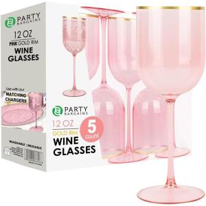 PARTY BARGAINS 12 oz Disposable Plastic Wine Goblets, Shatter-Resistant BPA-Free Stemmed Wine Cups for Weddings, Events & Outdoor Entertaining, Black, 5 Pack(Pink Gold Rim)
