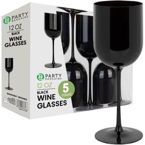 PARTY BARGAINS 12 oz Disposable Plastic Wine Goblets, Shatter-Resistant BPA-Free Stemmed Wine Cups for Weddings, Events & Outdoor Entertaining, Black, 5 Pack(Black)