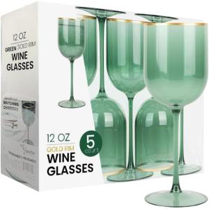 PARTY BARGAINS 12 oz Disposable Plastic Wine Goblets, Shatter-Resistant BPA-Free Stemmed Wine Cups for Weddings, Events & Outdoor Entertaining, Black, 5 Pack(Green Gold Rim)