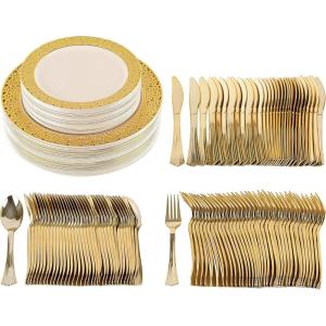 PARTY BARGAINS 125 Disposable Plastic Dinnerware Set for 25 Guest – Gold Lace, 25 Each: 10″ Dinner Plates, 7″ Salad/Dessert Plates, Forks, Knives, Spoons, for Weddings, Bridal Showers, Birthday