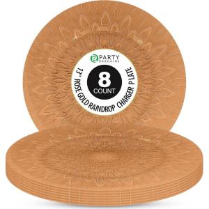 PARTY BARGAINS 13 Inch Plastic Charger Plates, Raindrop Transparent Rose Gold, 8 Pack(Rose Gold)