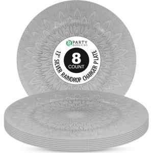 PARTY BARGAINS 13 Inch Plastic Charger Plates, Raindrop Transparent Rose Gold, 8 Pack(Silver)