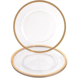 PARTY BARGAINS 13-Inch Charger Plates – 8 Pack, Organic Collection Black Gold Rim, Heavy-Duty Disposable Chargers for Elegant Dining – Ideal for Weddings and Formal Events(A Clear with Gold Rim)