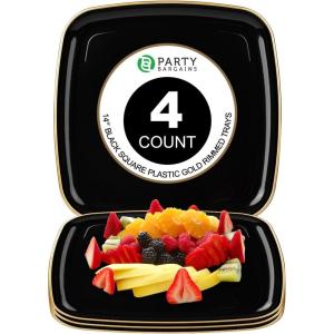 PARTY BARGAINS 14″ Disposable Plastic Serving Tray 4-Pack – Black with Gold Rim Square Party Platters for Snacks, Appetizers, Charcuterie, Weddings & Catering