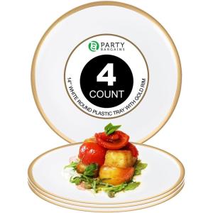 PARTY BARGAINS 14″ Disposable Plastic Serving Tray 4-Pack – White with Gold Rim Round Party Platters for Snacks, Appetizers, Charcuterie, Weddings & Catering