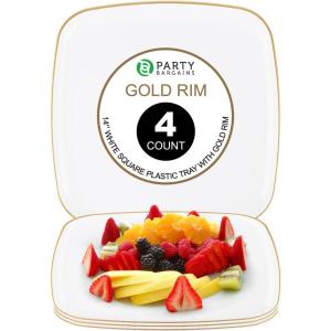 PARTY BARGAINS 14″ Disposable Plastic Serving Tray 4-Pack – White with Gold Rim Square Party Platters for Snacks, Appetizers, Charcuterie, Weddings & Catering