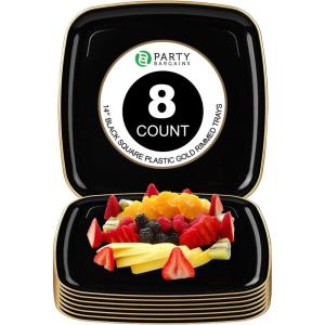 PARTY BARGAINS 14″ Disposable Plastic Serving Tray 8-Pack – Black with Gold Rim Square Party Platters for Snacks, Appetizers, Charcuterie, Weddings & Catering