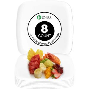 PARTY BARGAINS 14″ Disposable Plastic Serving Tray 8-Pack – White Square Party Platters for Snacks, Appetizers, Charcuterie, Weddings & Catering