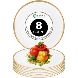 PARTY BARGAINS 14″ Disposable Plastic Serving Tray 8-Pack – White with Gold Rim Round Party Platters for Snacks, Appetizers, Charcuterie, Weddings & Catering
