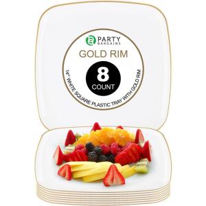 PARTY BARGAINS 14″ Disposable Plastic Serving Tray 8-Pack – White with Gold Rim Square Party Platters for Snacks, Appetizers, Charcuterie, Weddings & Catering