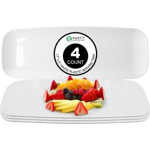 PARTY BARGAINS 17×5 Inch Plastic Serving Tray, White Rectangular Platter, 4 Pack