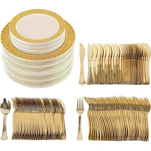 PARTY BARGAINS 250 Disposable Plastic Dinnerware Set for 50 Guest – Gold Lace, 50 Each: 10″ Dinner Plates, 7″ Salad/Dessert Plates, Forks, Knives, Spoons, for Weddings, Bridal Showers, Birthday