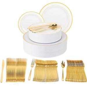 PARTY BARGAINS 250 Disposable Plastic Dinnerware Set for 50 Guest – Gold Rim, 50 Each: 10″ Dinner Plates, 7″ Salad/Dessert Plates, Forks, Knives, Spoons, Weddings, Bridal Showers, Birthday