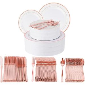 PARTY BARGAINS 250 Disposable Plastic Dinnerware Set for 50 Guest – Rose Gold, 50 Each: 10″ Dinner Plates, 7″ Salad/Dessert Plates, Forks, Knives, Spoons, Weddings, Bridal Showers, Birthday