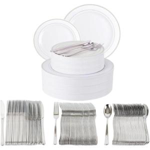 PARTY BARGAINS 250 Disposable Plastic Dinnerware Set for 50 Guest – Silver, 50 Each: 10″ Dinner Plates, 7″ Salad/Dessert Plates, Forks, Knives, Spoons, Weddings, Bridal Showers, Birthday