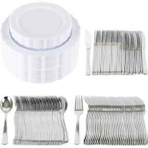 PARTY BARGAINS 250 Disposable Plastic Dinnerware Set for 50 Guest – Vintage White, 50 Each: 10″ Dinner Plates, 7″ Salad/Dessert Plates, Forks, Knives, Spoons, for Weddings, Bridal Showers, Birthday