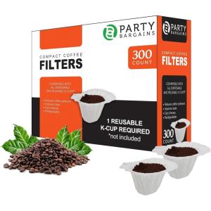 PARTY BARGAINS 300 Compact Disposable Coffee Filter Liners – Compatible with Keurig Brewers & K-Cup Reusable Pods, Single-Serve Paper Filters(Compact White)