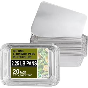 PARTY BARGAINS 5 lb Aluminum Pans with Board Lids, 50 Pack – 9 x 7 in Disposable Foil Roasting & Steam Table Pans for Catering, Takeout, Meal Prep, Oven Safe up to 240°C(20)