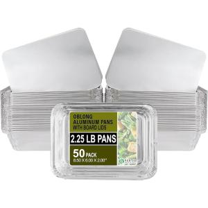 PARTY BARGAINS 5 lb Aluminum Pans with Board Lids, 50 Pack – 9 x 7 in Disposable Foil Roasting & Steam Table Pans for Catering, Takeout, Meal Prep, Oven Safe up to 240°C(1)