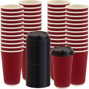PARTY BARGAINS 50 Disposable Rippled Insulated Hot Cups with lids, 16oz Burgundy Color. No Sleeves Needed to Go Teacup. Heat Protection Coffee Espresso