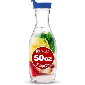 PARTY BARGAINS 50 oz Plastic Carafe with White Flip-Tab Lid, Clear – 12 Pack Heavy-Duty Spill-Resistant Pitchers for Iced Tea, Juice, Cold Beverages, Powdered Drinks, Mimosa(Blue Cap)