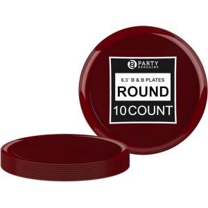 PARTY BARGAINS 6.3″ Disposable Cranberry Red Plates, 10 Pack, Heavy Duty Plastic Edge Collection Tableware Dish Platter. Dinnerware Table Setting Plates for Catering, Events(Cranberry Red)