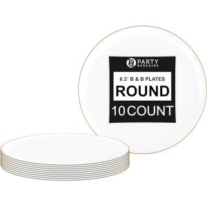 PARTY BARGAINS 6.3″ Disposable Cranberry Red Plates, 10 Pack, Heavy Duty Plastic Edge Collection Tableware Dish Platter. Dinnerware Table Setting Plates for Catering, Events(White with Gold Rim)