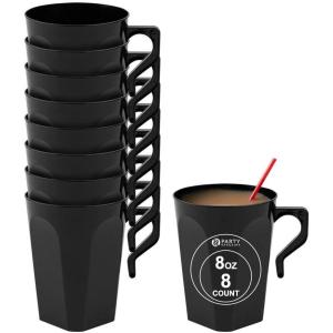 PARTY BARGAINS 8 oz Square Clear Plastic Coffee Cups with Handles – [8 Pack] Disposable Plastic Tea Cups, Excellent for Weddings, Bridal Showers, Engagement Parties, Camping(Square Black)