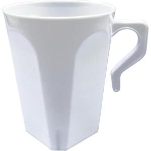PARTY BARGAINS 8 oz Square Clear Plastic Coffee Cups with Handles – [8 Pack] Disposable Plastic Tea Cups, Excellent for Weddings, Bridal Showers, Engagement Parties, Camping(Square White)