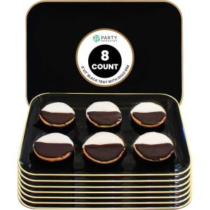 PARTY BARGAINS 8″ x 11″ Disposable Plastic Serving Tray 8-Pack – Black with Gold Rim Rectangular Party Platters for Snacks, Appetizers, Charcuterie, Weddings & Catering