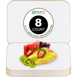 PARTY BARGAINS 8″ x 11″ Disposable Plastic Serving Tray 8-Pack – White with Gold Rim Rectangular Party Platters for Snacks, Appetizers, Charcuterie, Weddings & Catering