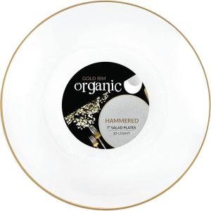 PARTY BARGAINS 9″ Plastic Dinner Plates with Gold Rim, 10-Pack Hammered Transparent Blue Disposable Party Plates for Weddings, Parties & Events(White with Gold Rim)