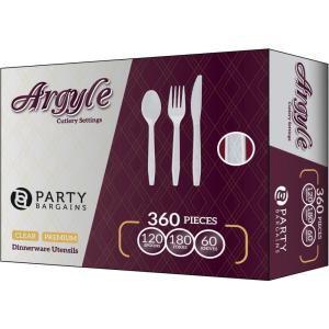 PARTY BARGAINS Argyle White Plastic Cutlery Set 360-Piece – 180 Forks, 120 Spoons, 60 Knives – Heavy-Duty Disposable Utensils for Parties, Weddings, Buffets, BBQs & Catering – BPA Free(Argyle White)