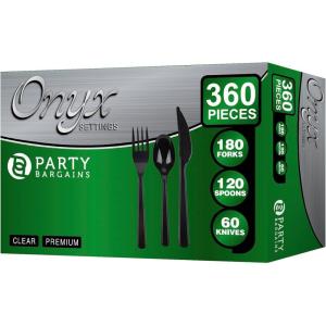 PARTY BARGAINS Argyle White Plastic Cutlery Set 360-Piece – 180 Forks, 120 Spoons, 60 Knives – Heavy-Duty Disposable Utensils for Parties, Weddings, Buffets, BBQs & Catering – BPA Free(Onyx)