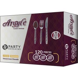 PARTY BARGAINS Argyle White Plastic Cutlery Set 360-Piece – 180 Forks, 120 Spoons, 60 Knives – Heavy-Duty Disposable Utensils for Parties, Weddings, Buffets, BBQs & Catering – BPA Free(Argyle Clear)