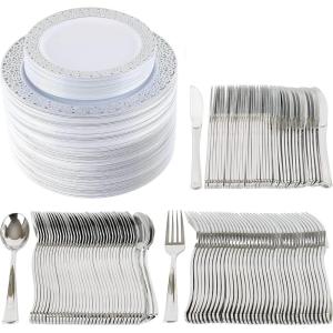 PARTY BARGAINS Disposable Plastic Set – 10” Dinner Plates, 7” Salad/Dessert Plates, Forks, Knives, Spoons, Weddings, Bridal Showers, Birthday (250-Set, Silver Lace)
