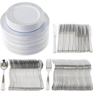 PARTY BARGAINS Disposable Plastic Set – 10” Dinner Plates, 7” Salad/Dessert Plates, Forks, Knives, Spoons, Weddings, Bridal Showers, Birthday (250-Set, Silver Twig)