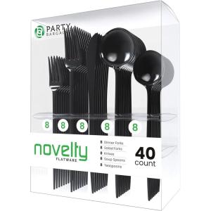 PARTY BARGAINS Plastic Cutlery Set, 40 Pc Black Disposable Heavy-Duty Flatware – Includes 16 Forks, 8 Knives & 16 Spoons for Parties, Weddings, BBQs, Events – Elegant & Durable Plastic Utensils(Black)