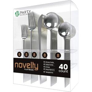 PARTY BARGAINS Plastic Cutlery Set, 40 Pc Black Disposable Heavy-Duty Flatware – Includes 16 Forks, 8 Knives & 16 Spoons for Parties, Weddings, BBQs, Events – Elegant & Durable Plastic Utensils(Silver)