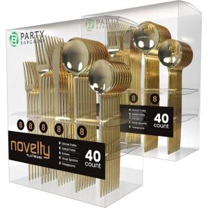 PARTY BARGAINS Plastic Cutlery Set, 40 Pc Black Disposable Heavy-Duty Flatware – Includes 16 Forks, 8 Knives & 16 Spoons for Parties, Weddings, BBQs, Events – Elegant & Durable Plastic Utensils(Gold)