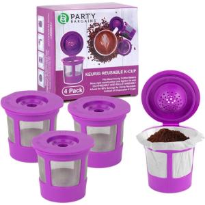 PARTY BARGAINS Reusable Coffee Filter Cups 4-Pack for 1.0 Brewers – Universal Fit Refillable Single-Serve Filters with Stainless Steel Mesh and BPA-Free Plastic – Eco-Friendly Coffee Pods, Black(2.0 Purple)