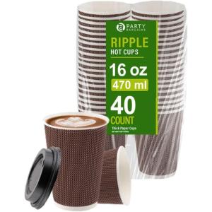 PARTY BARGAINS Ripple Hot Cups without Lids, 10 oz, 40 Count, Brown, Insulated Double Wall, Disposable Paper Coffee Cups, To-Go Cup, Tea, Hot Beverages, No Sleeve Needed(16 Ounce)