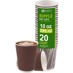 PARTY BARGAINS Ripple Hot Cups without Lids, 10 oz, 40 Count, Brown, Insulated Double Wall, Disposable Paper Coffee Cups, To-Go Cup, Tea, Hot Beverages, No Sleeve Needed(10 Ounce (No Lid))