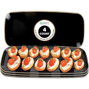 Party Bargains 10×5 Inch Plastic Serving Tray, Black Gold Rim Rectangular Platter, 4 Pack