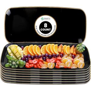 Party Bargains 10×5 Inch Plastic Serving Tray, Black Gold Rim Rectangular Platter, 8 Pack