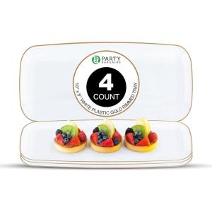 Party Bargains 10×5 Inch Plastic Serving Tray, White Gold Rim Rectangular Platter, 4 Pack