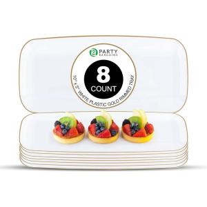 Party Bargains 10×5 Inch Plastic Serving Tray, White Gold Rim Rectangular Platter, 8 Pack