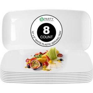 Party Bargains 10×5 Inch Plastic Serving Tray, White Rectangular Platter, 8 Pack